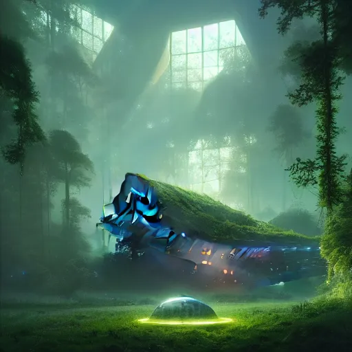 Image similar to , teenager in sci - fi forest green house, spaceship,, stephen bliss, misty, unreal engine, pixar, fantasy art by greg rutkowski, loish, ferdinand knab, and lois van rossdraws, global illumination, radiant light, minimalist, detailed and intricate environment