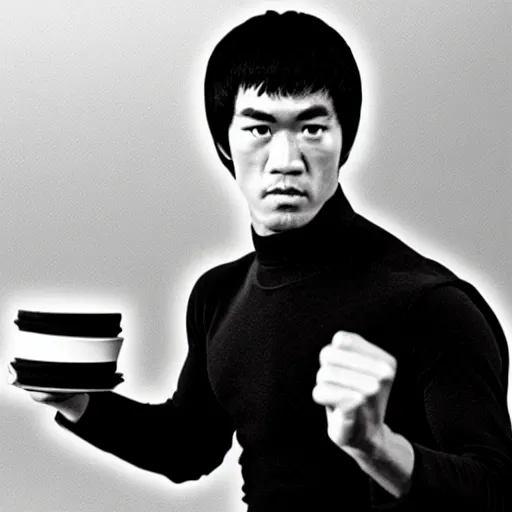 Image similar to 8 k vintage portrait photograph of bruce lee standing inside of a detailed and busy wafflehouse