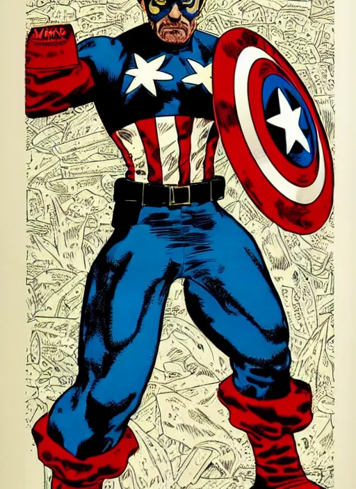 Image similar to Walter White as Captain America by Moebius, vintage 1960 print