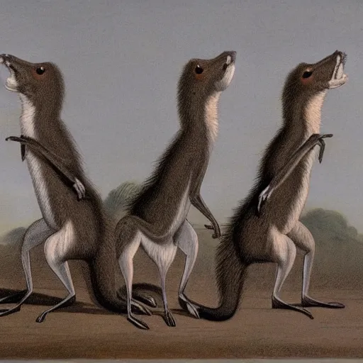 Image similar to group of long necked fox wolf rats wearing coats, by george stubbs