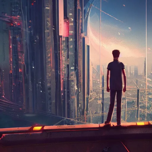 Image similar to young man facing the desperate and endless call of the void, futuristic cityscape, unreal 5 render, vivid colors, high detail, clear weather, studio ghibli, digital art, octane render, beautiful composition, trending on artstation, award - winning photograph, masterpiece