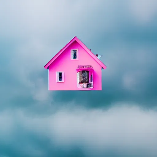 Image similar to a 5 0 mm lens photograph of a cute pink floating modern house, floating in the air between clouds, inspired by the movie up, held up from above by heartshaped ballons. mist, playful composition canon, nikon, award winning, photo of the year