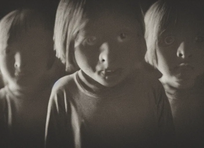 Image similar to eyeless children looking back at you from a dark mirror, horror movie still, sepia tone