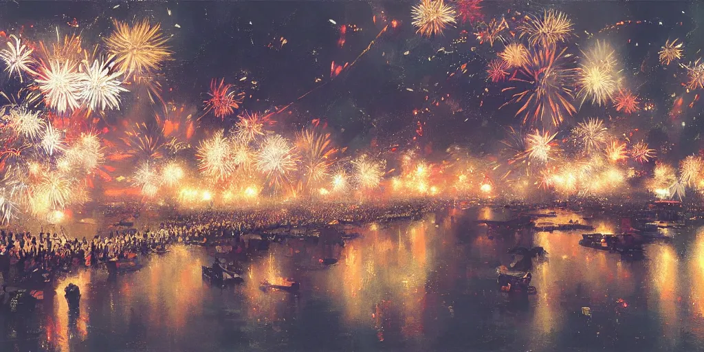 Image similar to anime kyoto animation key by greg rutkowski night, fireworks festival at river bank, kimono