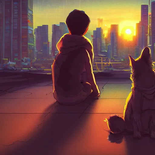 Prompt: a dog and a child sitting and looking at the sunset in a cyberpunk city, art by the rusted pixel, artstation