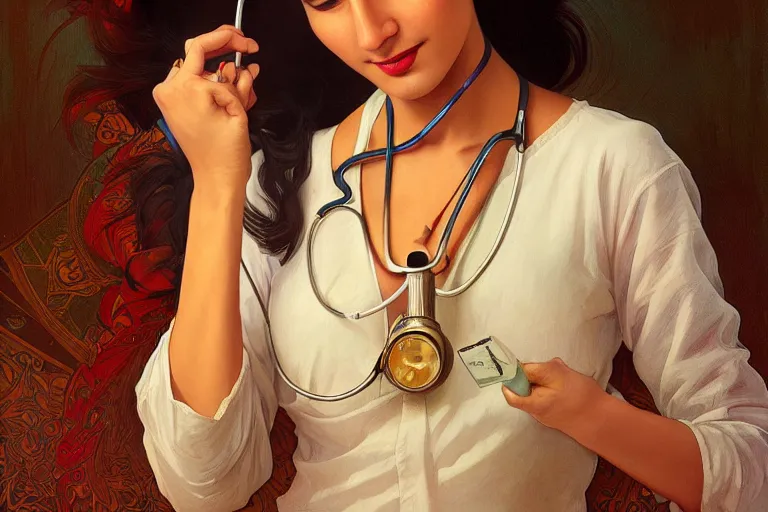 Image similar to sensual pale beautiful indian doctor in jeans with stethoscope, art deco portrait, elegant, intricate, digital painting, artstation, concept art, smooth, sharp focus, illustration, art by artgerm and greg rutkowski and alphonse mucha