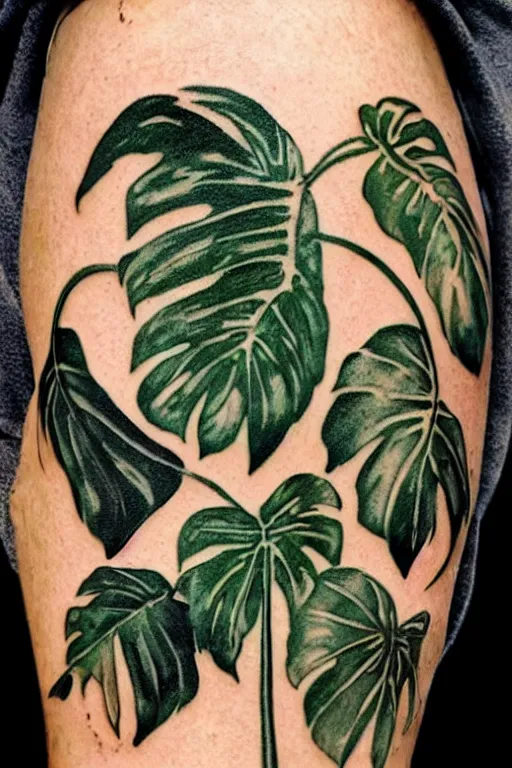 Prompt: vintage magazine advertisement as a tattoo depicting a monstera leaf, monstera!!!, in focus, sharp, smooth, by marius lewandowski, by ernst haeckel