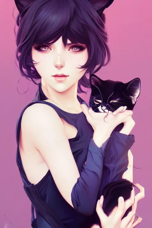 Image similar to A beautiful woman with cat ears, highly detailed, digital painting, artstation, concept art, smooth, sharp focus, illustration, art by artgerm and alphonse mucha, high definition digital art, in the style of Ross tran and ilya kuvshinov