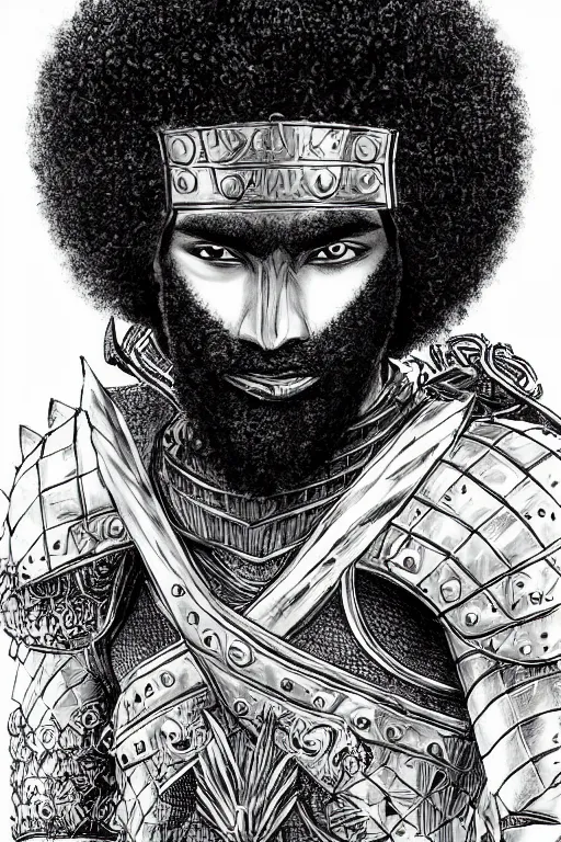 Image similar to black man with afro hair and raspy beard stubble as a knight, highly detailed, anatomically correct, black and white, manga, art by kentaro miura