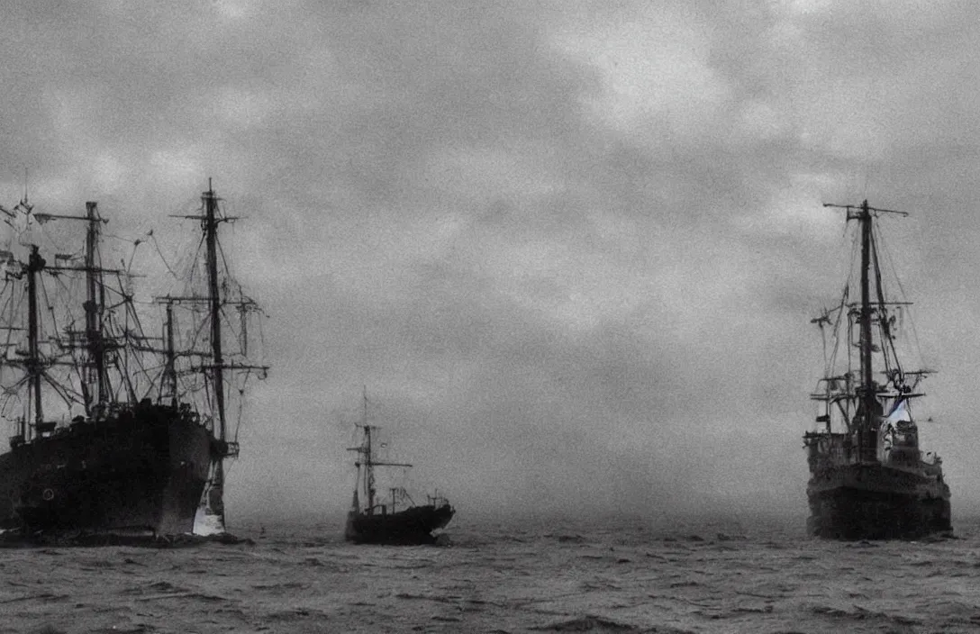 Prompt: ship ever further out to sea futuristic wanders in disconsolate disarray intact flawless ambrotype from 4 k criterion collection remastered cinematography gory horror film, ominous lighting, evil theme wow photo realistic postprocessing directed by kurosawa wanders in disconsolate disarray artists oeuvre jan van der heyden