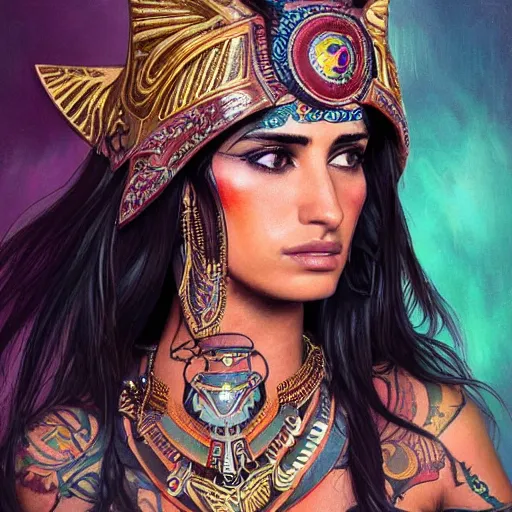 Image similar to an attractive young tattooed aztec female with piercings wearing an rainbow ornate metallic helmet, penelope cruz, olive skin, long dark hair, beautiful bone structure, intricate, elegant, highly detailed, digital painting, artstation, concept art, smooth, sharp focus, illustration, art by artgerm and greg rutkowski and alphonse mucha