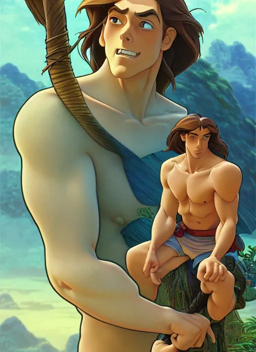 Image similar to cute fisherman tarzan, natural lighting, path traced, highly detailed, high quality, digital painting, by don bluth and ross tran and studio ghibli and alphonse mucha, artgerm