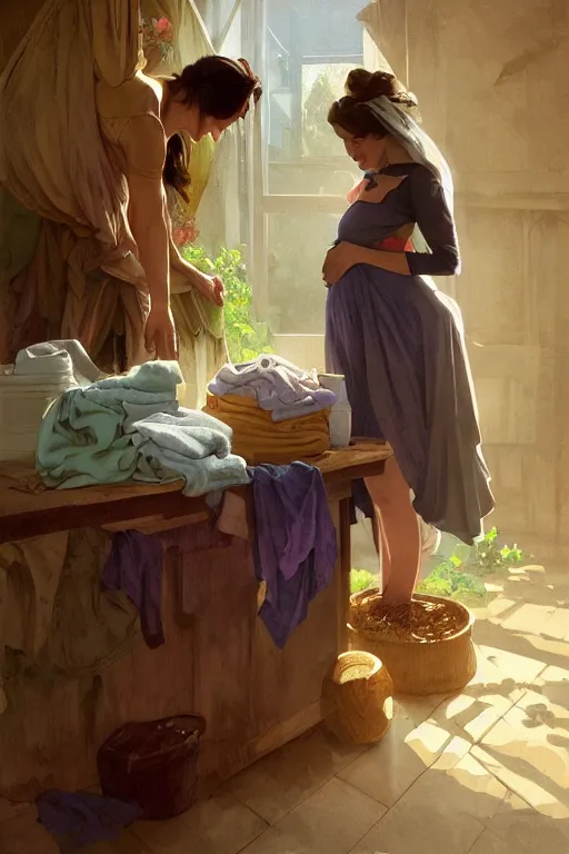 Prompt: portrait of rural pregnant woman doing laundry, digital painting, artstation, concept art, smooth, sharp focus, illustration, art by artgerm and greg rutkowski and alphonse mucha