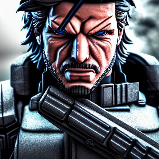 Image similar to photograph portrait of Solid Snake, intricate detail, sigma 85mm f/1.4, 4k, depth of field, high resolution, 4k, 8k, hd