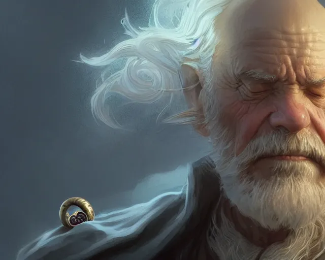 Image similar to old man with a ring on each finger, deep focus, d & d, fantasy, intricate, elegant, highly detailed, digital painting, artstation, concept art, matte, sharp focus, illustration, hearthstone, art by artgerm and greg rutkowski and alphonse mucha