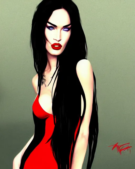 Prompt: closeup portrait beautiful seductive megan fox with long windblown hair in a black party dress in standing on a street in chinatown, red lipstick, glamour pose, detailed illustration, digital art, trending on artstation, arney freytag, frank miller, moebius, graffiti, gta v,