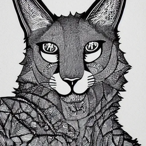 Prompt: cute fluffy caracal, black ink on paper, trending on artstation, beautiful, intricate, detailed