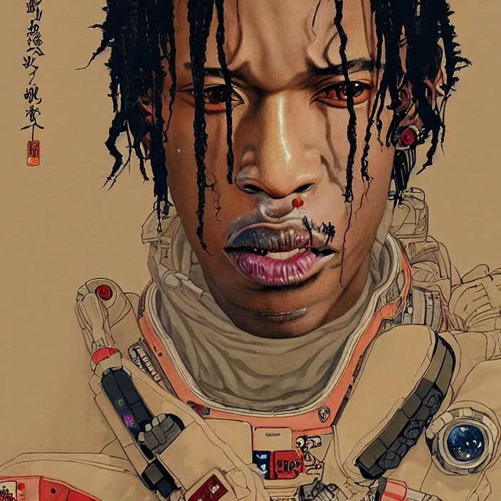 Image similar to a beautiful ukiyo painting of travis scott as a spacepunk battle space pilot, wearing space techwear, detailed close up portrait, intricate complexity, concept art, by takato yamamoto, wlop, krenz cushart. cinematic dramatic atmosphere, sharp focus, digital full likeness art. center frame