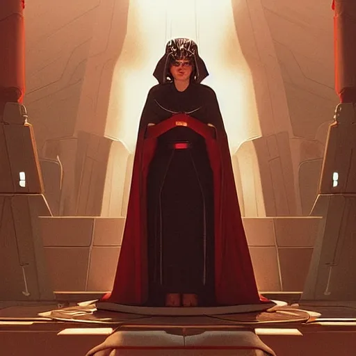 Prompt: Queen Amidala addressing the Galactic Senate in Star Wars Episode 1, partly in the style of Sergeant, partly in the style of Ruan Jia, trending on artstation, high detail, masterpiece