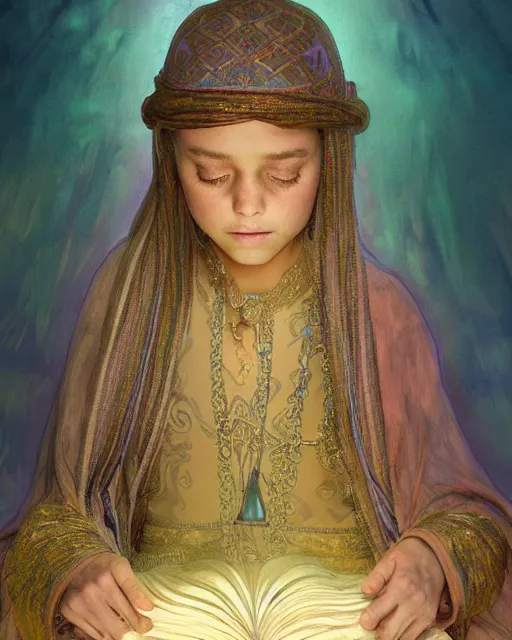 Image similar to a bedouin child infront of an big open quran highly detailed, gold filigree, romantic storybook fantasy, soft cinematic lighting, award, disney concept art watercolor illustration by mandy jurgens and alphonse mucha and alena aenami, pastel color palette, featured on artstation