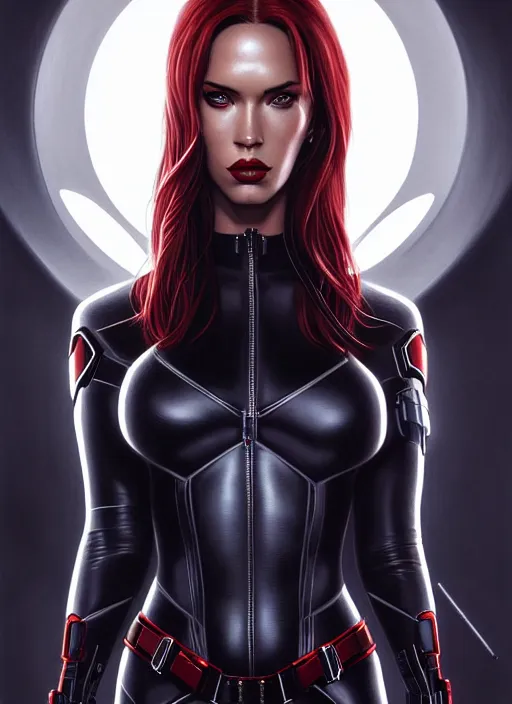 Image similar to symmetry!! gantz portrait of megan fox as black widow, unholy, intricate, highly detailed, dynamic lighting, digital art, digital painting, artstation, terence nielsen, sharp focus, illustration, art by artgerm and greg rutkowski and moebius, 8 k