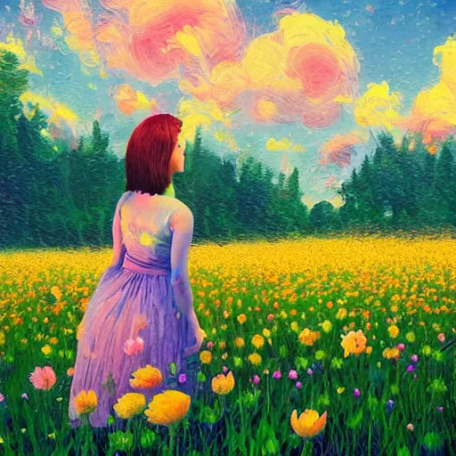 Image similar to girl with a enlarged flower instead of face, surreal photography, dream, standing in flower field, hills, big trees, sunrise dramatic light, impressionist painting, colorful clouds, digital painting, pointillism, artstation, simon stalenhag, flower face