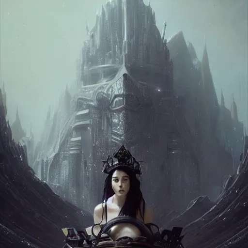 Image similar to of a beautiful black haired woman with pale skin and a crown on her head sitted on an intricate metal throne in eerie atmospheric alien worlds, epic cinematic matte painting, art by greg rutkowski