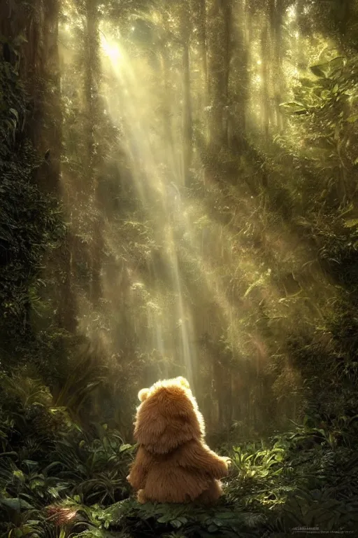 Image similar to mean fluffy teddybear protecting girl in a forest with rays of light coming through the canopy, masterpiece, dystopian, sci-fi, extremely detailed, digital painting, sculpted in zbrush, artstation, concept art, smooth, sharp focus, illustration, chiaroscuro lighting, golden ratio, incredible art, artgerm, greg rutkowski, alphonse mucha, simon stalenhag, carravaggio