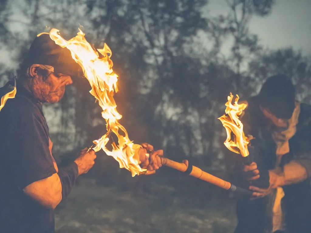 Prompt: man bringing fire with torch into darkness