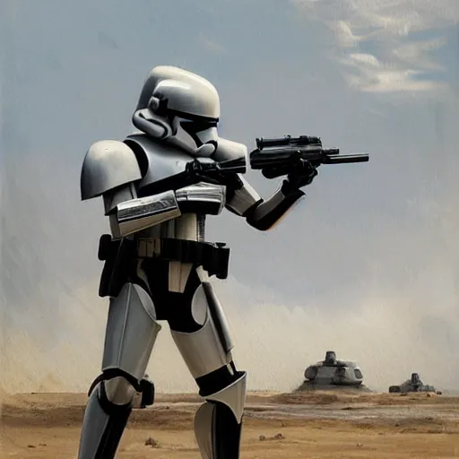 Image similar to a wide shot of an imperial stormtrooper in battle position ready to shoot his blaster concept art by Doug Chiang cinematic, realistic painting, high definition, very detailed, extremely high detail, photo realistic, concept art, the Mandalorian concept art style