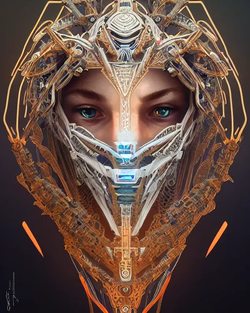 Image similar to symmetry!! portrait of a machine from horizon zero dawn, machine face, decorated with pharoanic motifs, intricate, elegant, highly detailed, digital painting, artstation, concept art, smooth, sharp focus, illustration, art by artgerm and greg rutkowski and alphonse mucha, 8 k