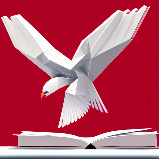 Image similar to low poly, vector, white eagle flying above an open book, icon, red background, cgsociety, artstation, octane render