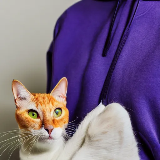 Prompt: tan and white Cat wearing purple and blue hoodie