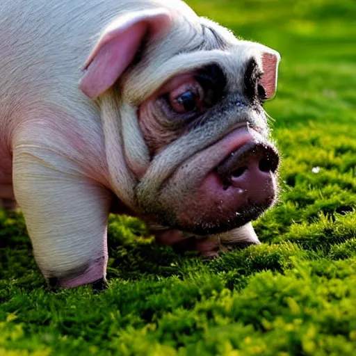 Image similar to Pig-pug-tardigrade hybrid pet gladly munching moss in a field, family photograph, heartwarming