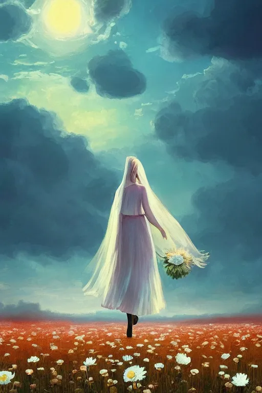 Image similar to giant white daisy flowers as head, girl with veil walking in a flower field, surreal photography, sunrise, dramatic light, impressionist painting, colorful clouds, digital painting, artstation, simon stalenhag