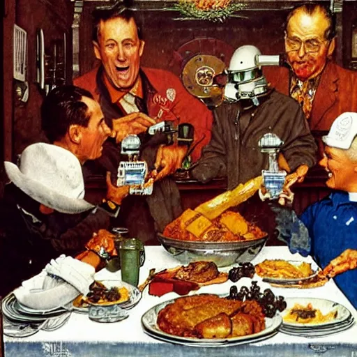 Image similar to a norman rockwell painting of the nasa mars rover eating thanksgiving dinner with robots, award winning,