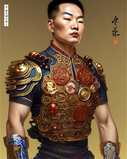 Image similar to portrait of a chinese masculine male cyberpunk machine, machine face, upper half portrait, decorated with chinese opera motifs, muscular, asian, fine china, wuxia, traditional chinese art intricate intense elegant 京 剧 highly detailed digital painting artstation concept art smooth sharp focus illustration, art by artgerm and greg rutkowski alphonse mucha 8 k