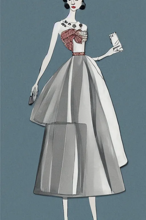 Image similar to a detailed high fashion couture illustration of a mid - century outfit