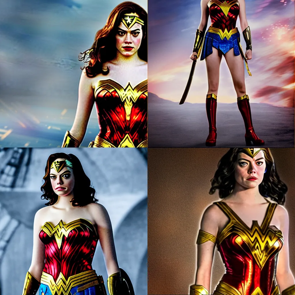 Prompt: Emma Stone as Wonder Woman (2020), 24 mm sigma lens, full body shot, detailed, award-winning