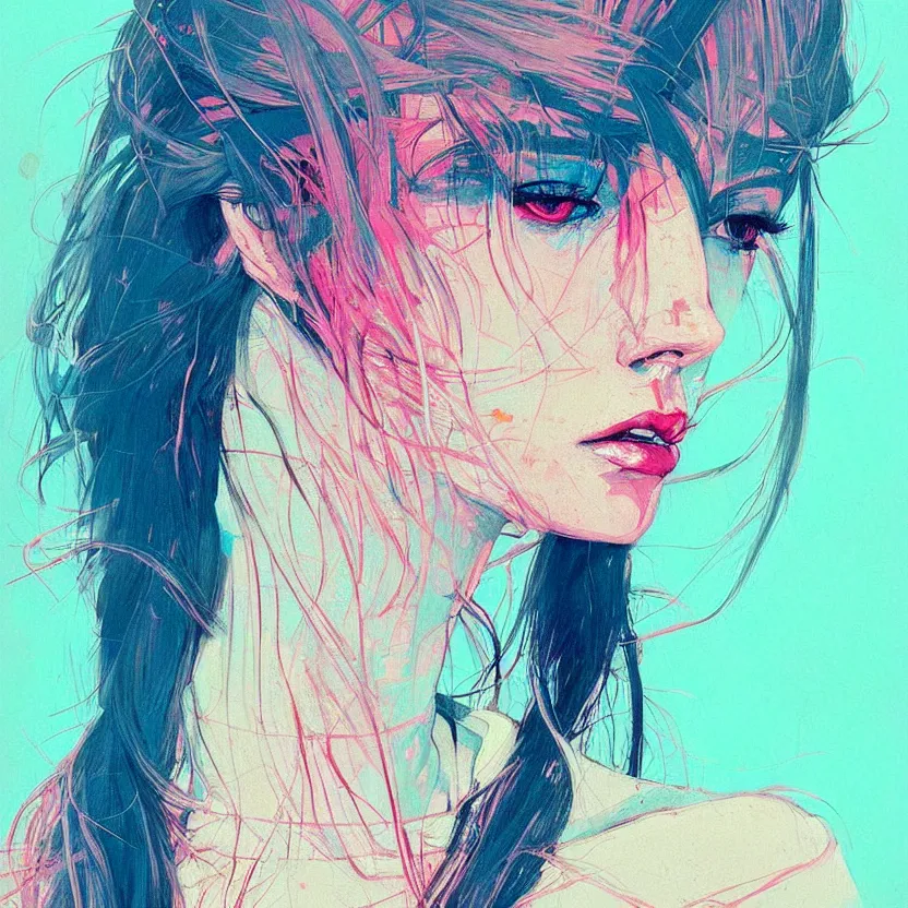 Image similar to close up portrait painting of a female in nineties street styling, concept art, intricate details, aesthetically pleasing pastel colors, art by conrad roset, impressionism, portrait