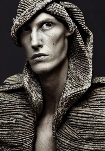 Image similar to an award - winning photo of an ancient male model wearing a plain designer menswear jacket inspired by h. r. giger designed by alexander mcqueen