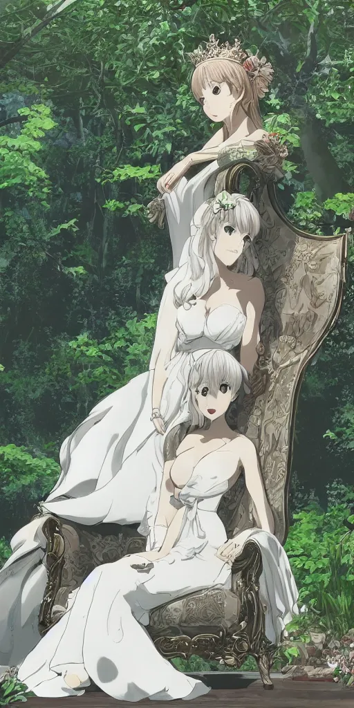 Prompt: landscape shot of a highly detailed queen sitting by herself on a sofa in a forest wearing a white robe drawn by CloverWorks, elegant, beauty,