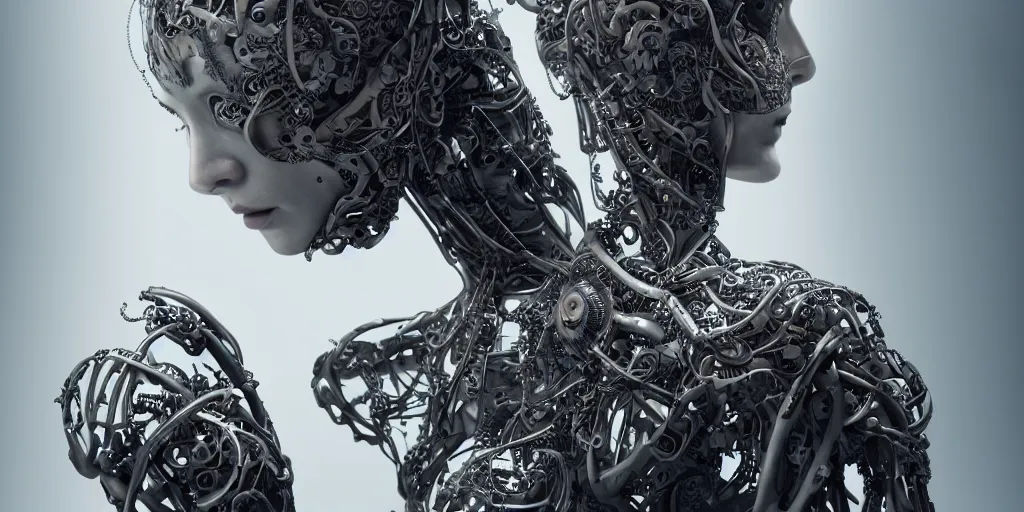 Image similar to hyper realistic photography of a stunningly beautiful cyborg female, circuitry, elbow, chest, intimate, holding close, hands, in the style of beth cavener, jin kagetsu,, and wlop, highly detailed, intricate filigree, masterpiece, award winning, sharp focus, concept art, ringflash lighting, ambient lighting, octane render, 8 k, artstation