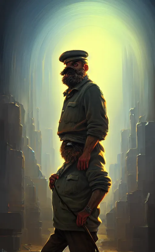 Image similar to hobocop from the disco elysium, concept art by aleksander rostov, oil painting, large strokes, artstation trending, symmetry, awesome exposition, very detailed, highly accurate, intricate, professional lighting diffracted lightrays, 8 k, sense of awe, gamers magazine cover