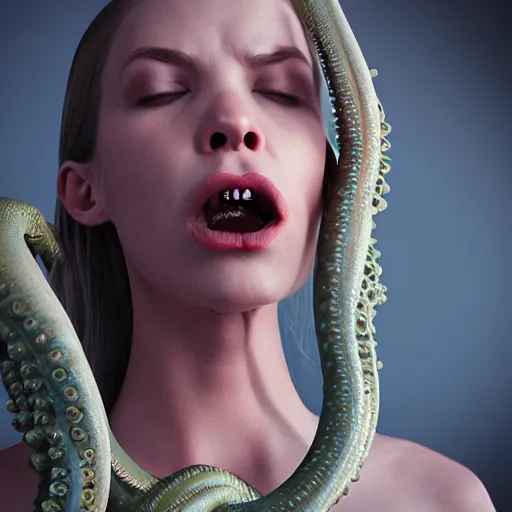 Image similar to highly photorealistic expired fuji film portrait of woman with long tentacled tongue, unreal engine 5, high octane render, award winning photography