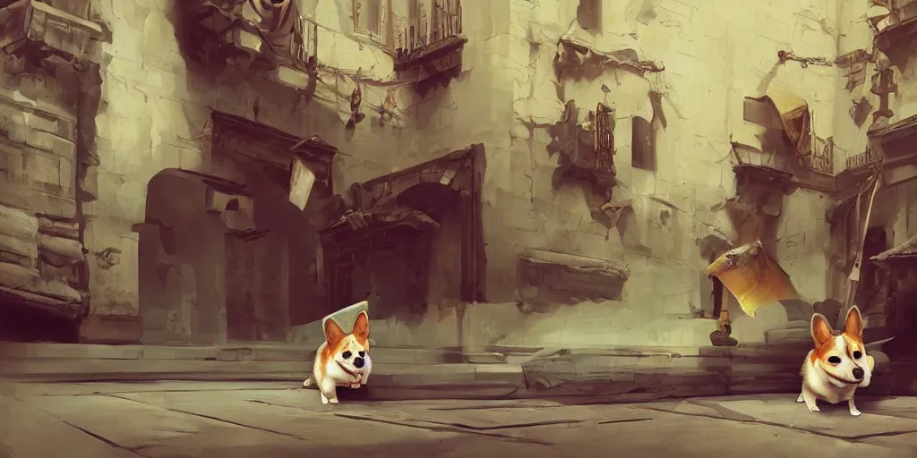 Concept art 2d corgi resting in a garden of the castle, large game  wallpaper, it takes two style, high quality