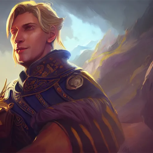 Prompt: anduin wrynn by mandy jurgens, cinematic shot, brush hard, artstation, cgsociety, high quality, brush stroke