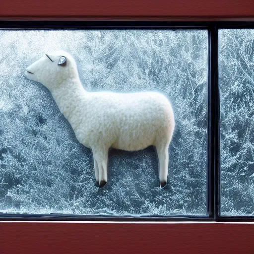 Prompt: a beautiful closeup photo of a flat frost on a window in the shape of a sheep, hyper realistic, hyper detailed, octane render, raytracing, flat image on a window