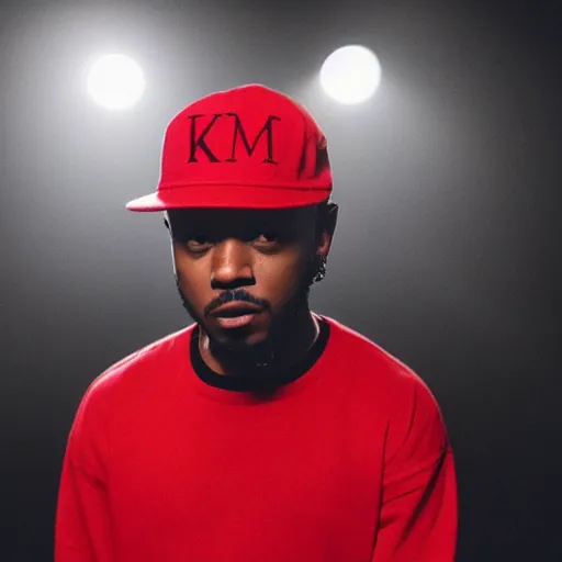 Prompt: kendrick lamar wearing mario hat, red hat with white circle and red m, studio lighting