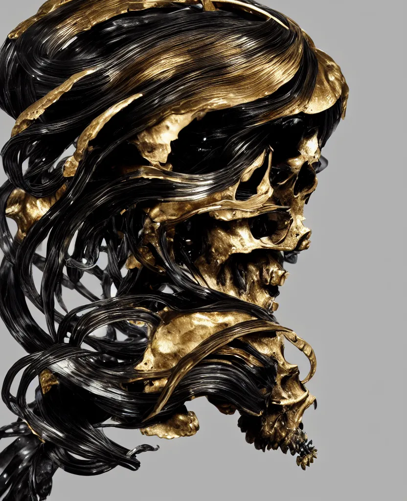 Prompt: black background. goddess princess face close-up portrait ram skull. sculpture made of polished gold and matte black stone and glass. jellyfish phoenix head, nautilus, orchid, skull, betta fish, bioluminiscent creatures, intricate artwork by Tooth Wu and wlop and beeple. octane render, trending on artstation, greg rutkowski very coherent symmetrical artwork. cinematic, hyper realism, high detail, octane render, 8k